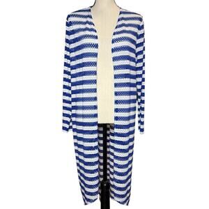 CHICO'S STRIPED TESS CARDIGAN SWEATER Blue & White Size 2 (12 14) Beach Coverup